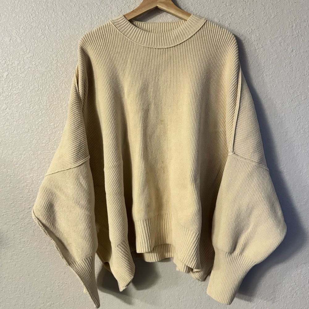 Free People Boho Oversized Chunky Ribbed Knit Sweater Mock Neck Cream M
